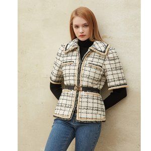 Egoist Korean highbrand K-pop star white/black tweed belted jacket size 55/S NWT